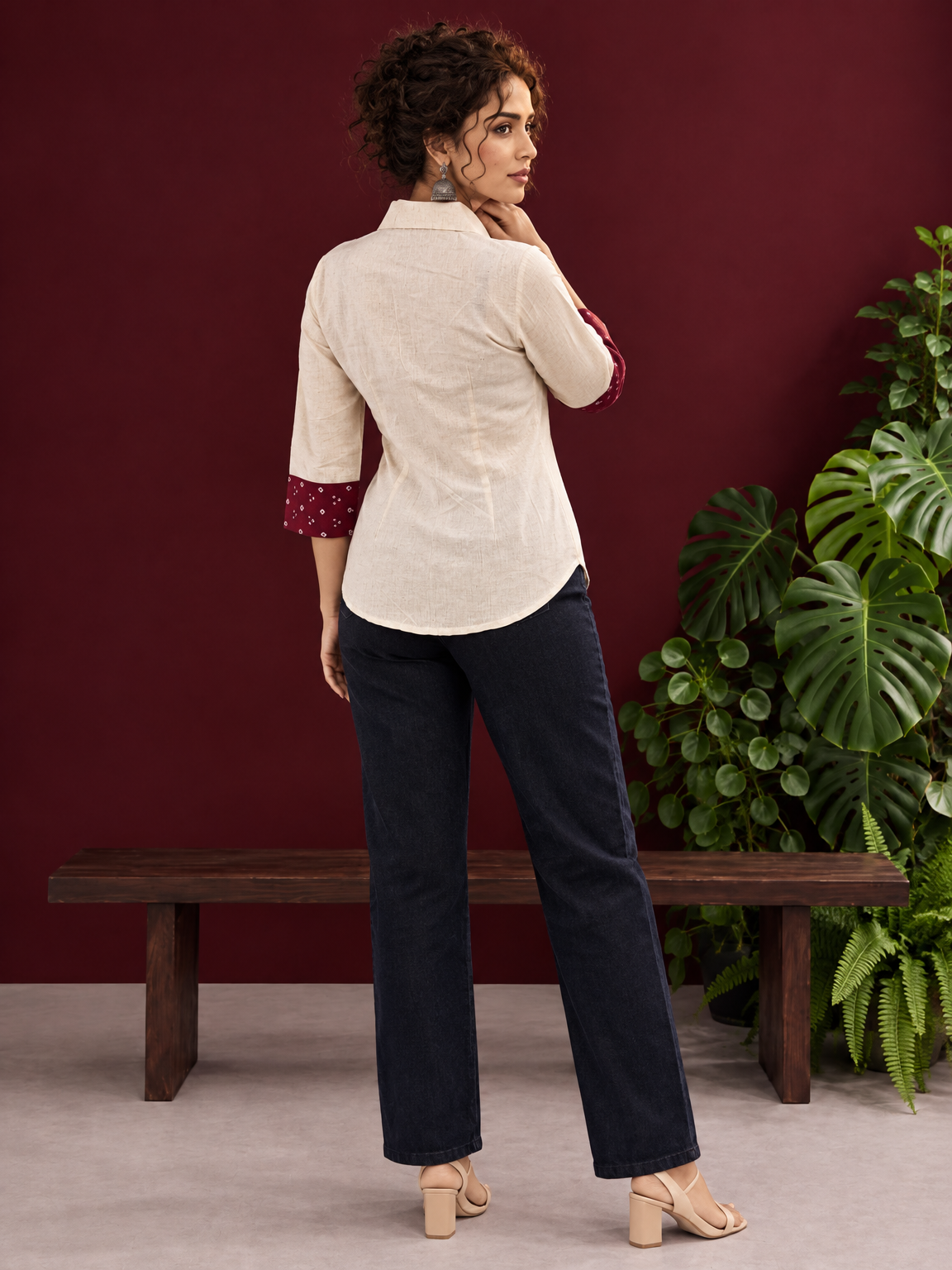 Classic Off-White Cotton Shirt with Maroon Printed Placket & Contrast Sleeve Cuffs — back view