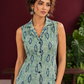 Blue Printed Cotton Sleeveless Shirt with Fish Motif & Collared Neckline — fabric detail
