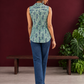 Blue Printed Cotton Sleeveless Shirt with Fish Motif & Collared Neckline — back view