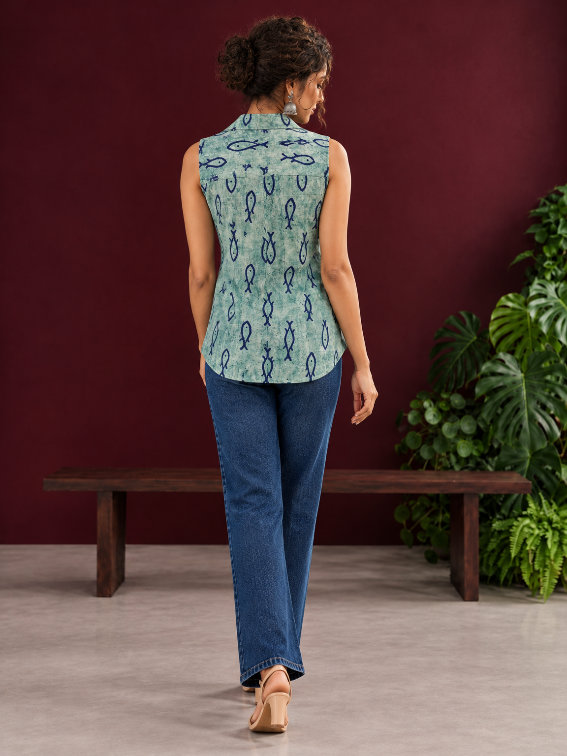 Blue Printed Cotton Sleeveless Shirt with Fish Motif & Collared Neckline — back view