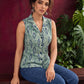Blue Printed Cotton Sleeveless Shirt with Fish Motif & Collared Neckline — seated