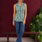 Blue Printed Cotton Sleeveless Shirt with Fish Motif & Collared Neckline — front view