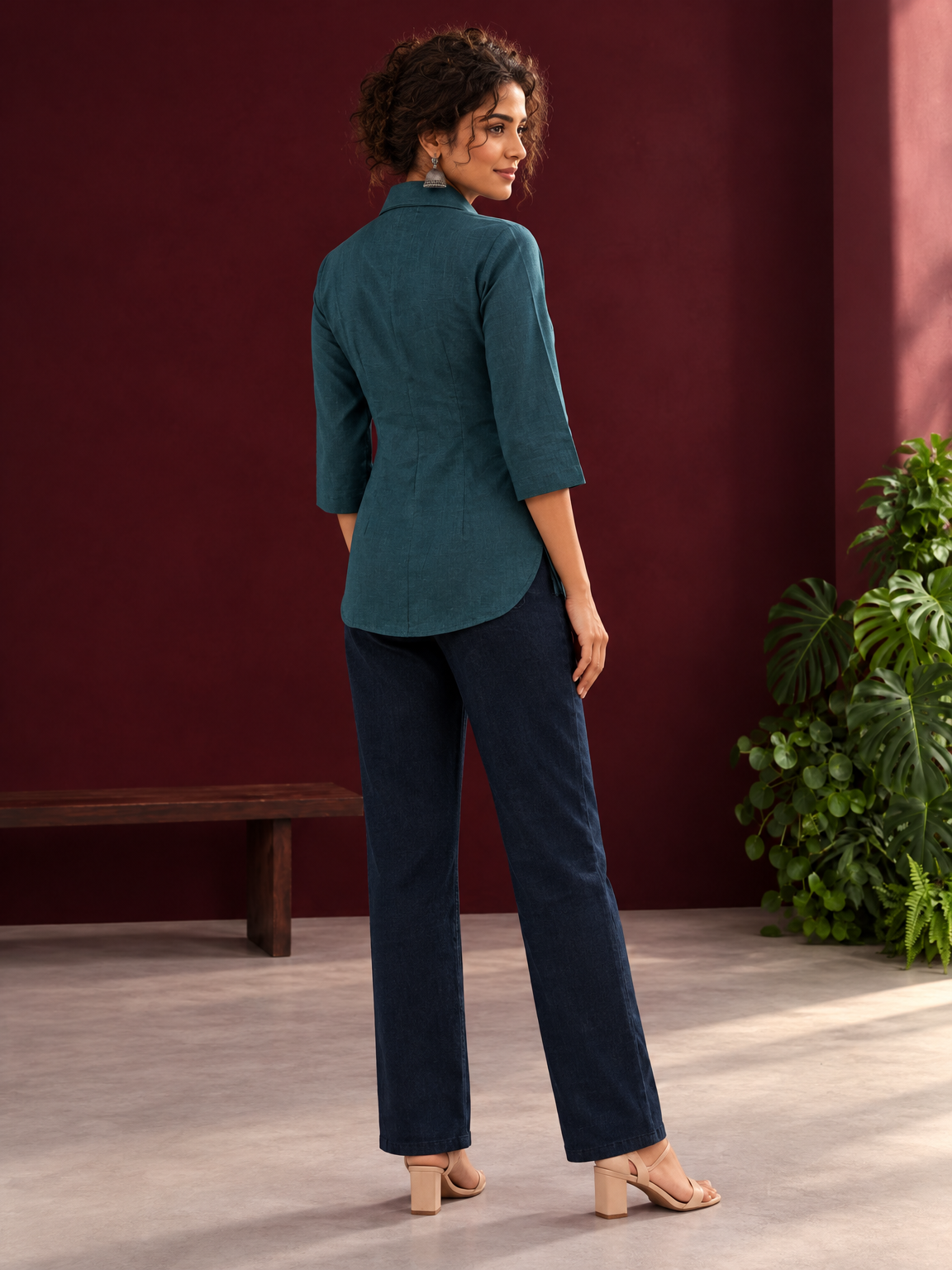 Classic Bottle Green Cotton Shirt with Ajrakh Floral Print Cuffs and Contrast Buttons — back view