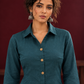 Classic Bottle Green Cotton Shirt with Ajrakh Floral Print Cuffs and Contrast Buttons — fabric detail
