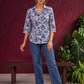 Classic White Cotton Shirt with Allover Blue Floral Print & Collared Neckline — fabric detail