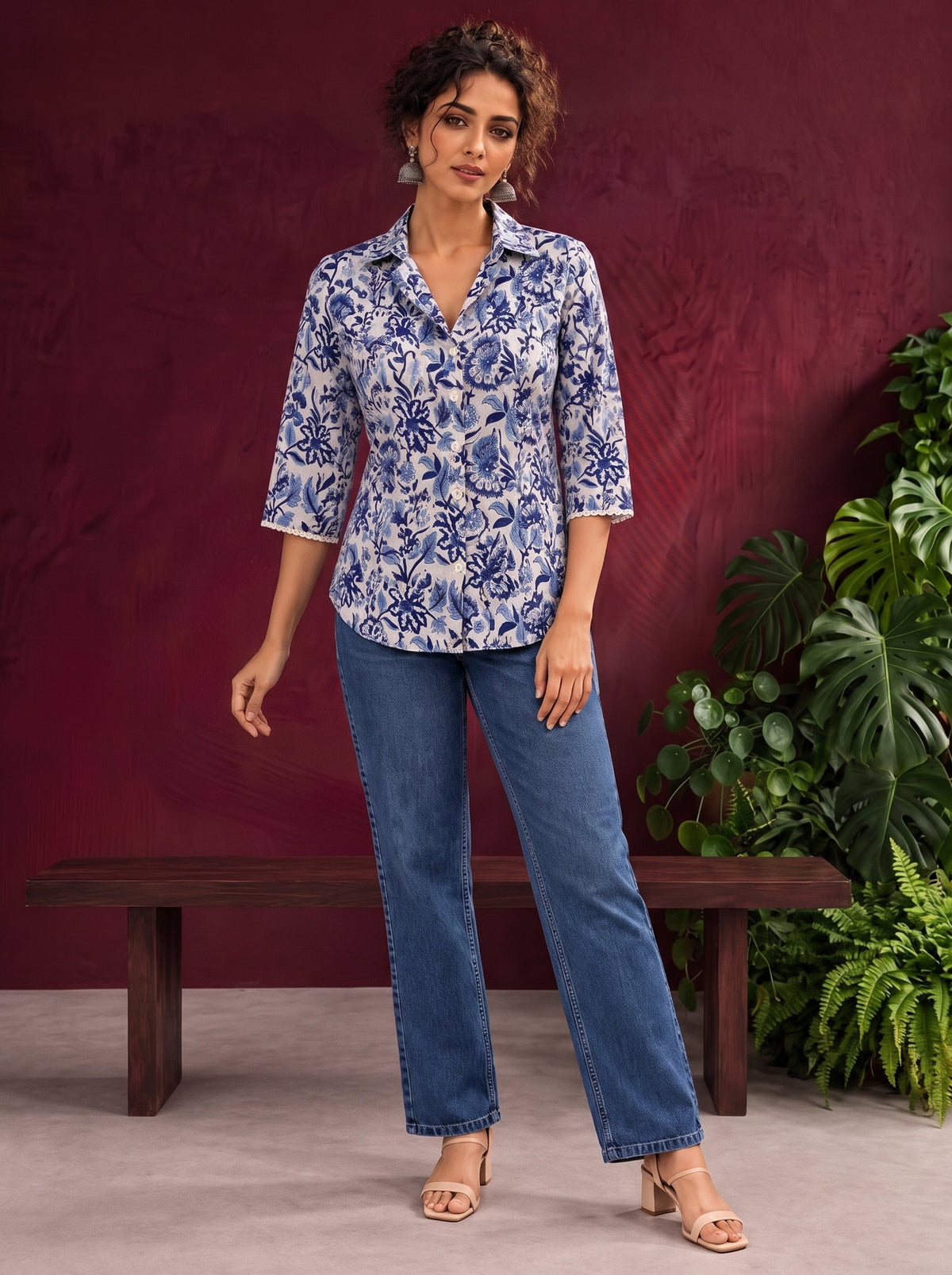 Classic White Cotton Shirt with Allover Blue Floral Print & Collared Neckline — fabric detail