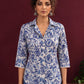 Classic White Cotton Shirt with Allover Blue Floral Print & Collared Neckline — styled view