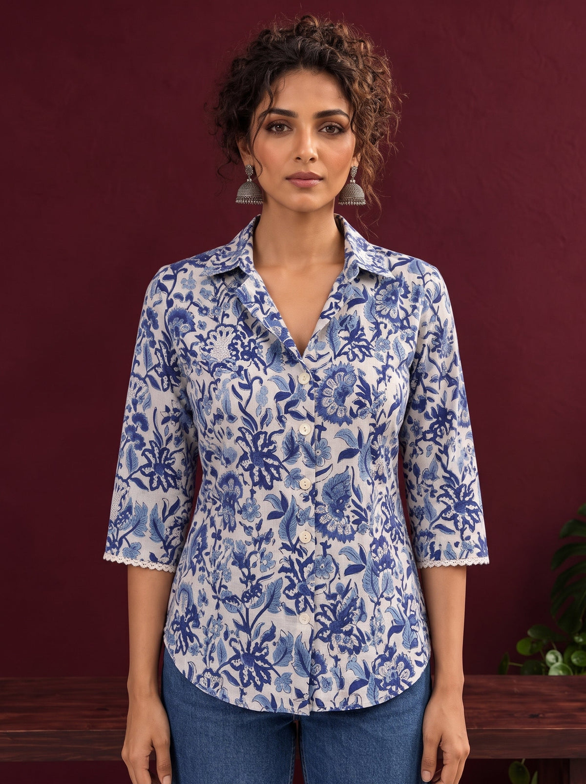 Classic White Cotton Shirt with Allover Blue Floral Print & Collared Neckline — styled view