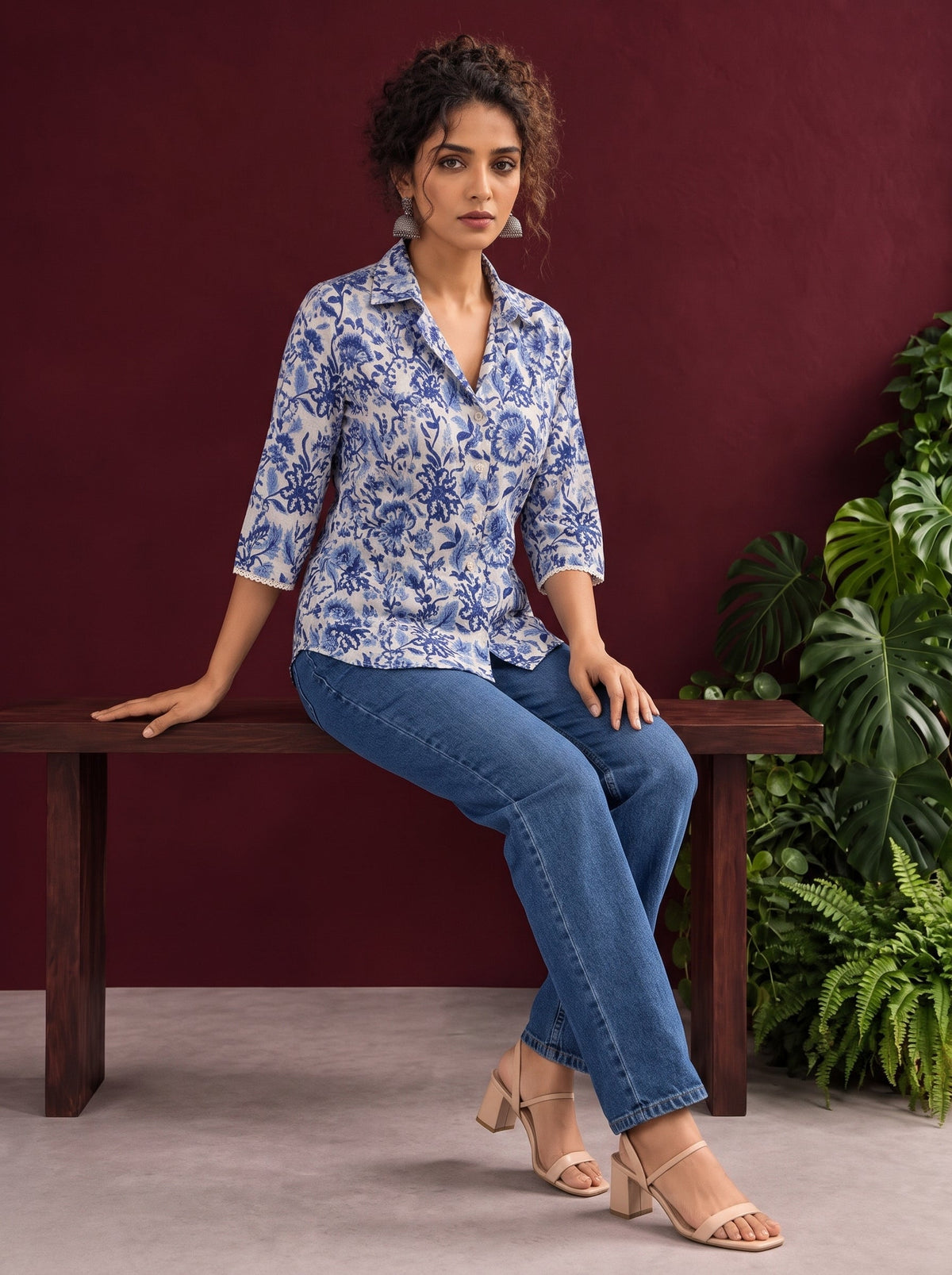 Classic White Cotton Shirt with Allover Blue Floral Print & Collared Neckline — seated