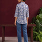 Classic White Cotton Shirt with Allover Blue Floral Print & Collared Neckline — back view