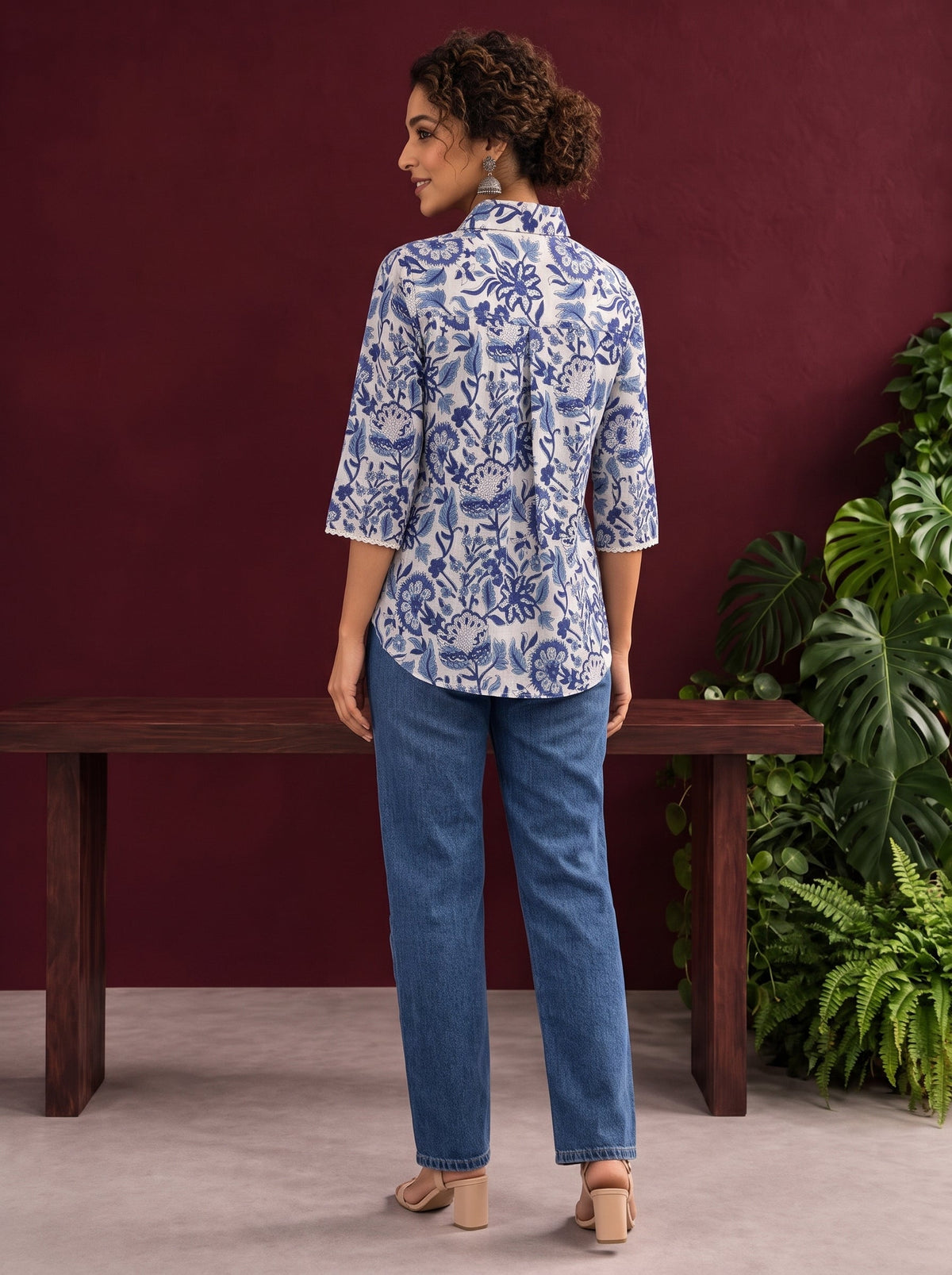 Classic White Cotton Shirt with Allover Blue Floral Print & Collared Neckline — back view
