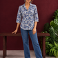 Classic White Cotton Shirt with Allover Blue Floral Print & Collared Neckline — front view