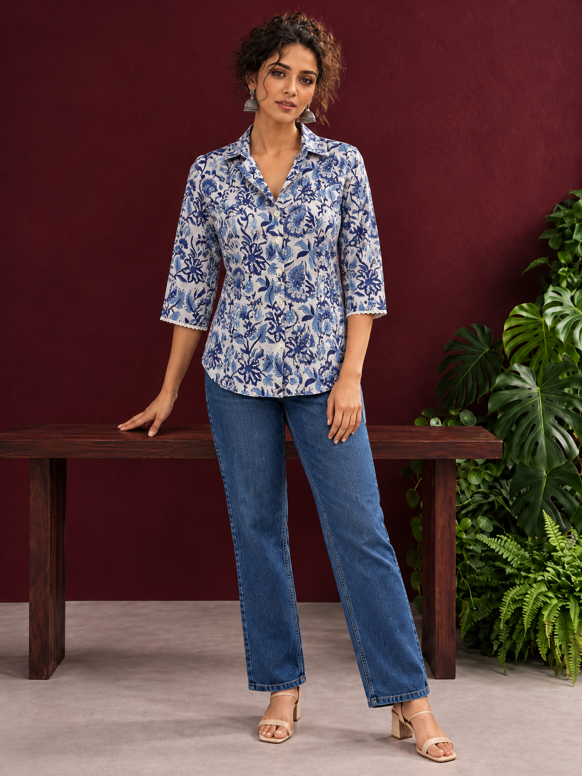Classic White Cotton Shirt with Allover Blue Floral Print & Collared Neckline — front view