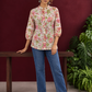 Ivory Cotton Floral Printed Shirt with Mandarin Collar and Lace-Trimmed Balloon Sleeves — front view
