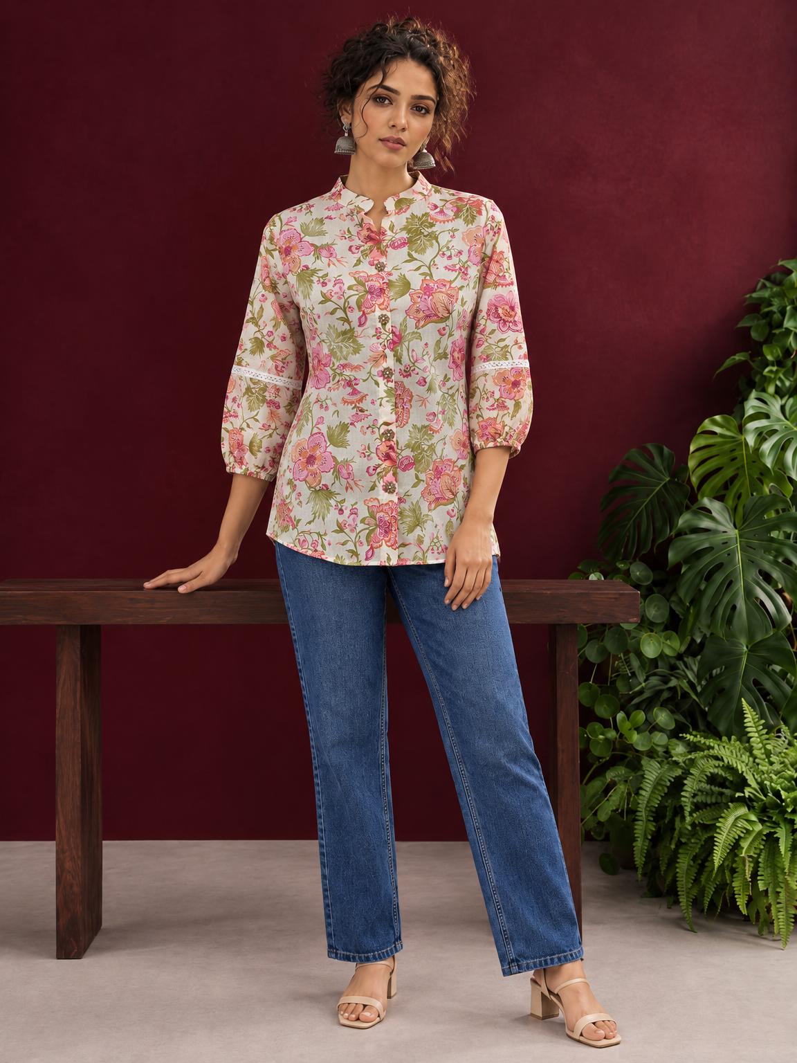 Ivory Cotton Floral Printed Shirt with Mandarin Collar and Lace-Trimmed Balloon Sleeves — front view