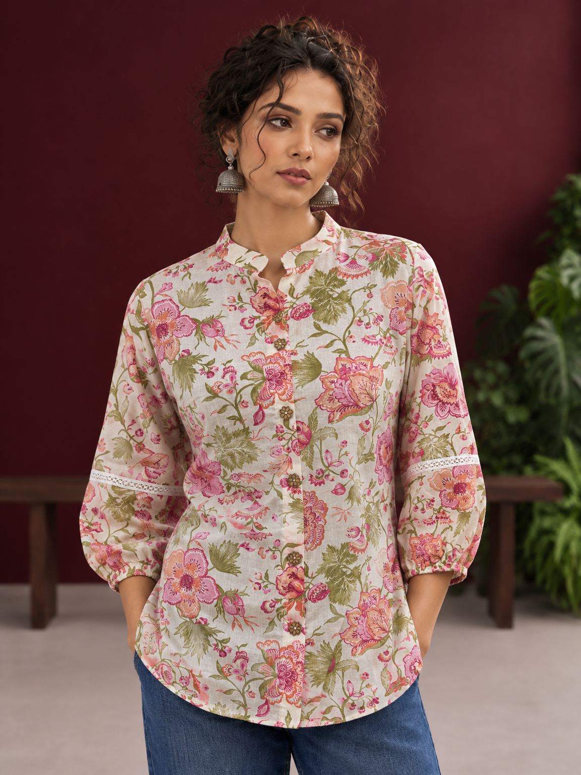 Ivory Cotton Floral Printed Shirt with Mandarin Collar and Lace-Trimmed Balloon Sleeves — fabric detail