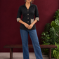 Classic Black Cotton Shirt with Contrast Ajrakh Chevron Print Cuffs & Patch Pocket Detail — front view