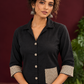 Classic Black Cotton Shirt with Contrast Ajrakh Chevron Print Cuffs & Patch Pocket Detail — fabric detail
