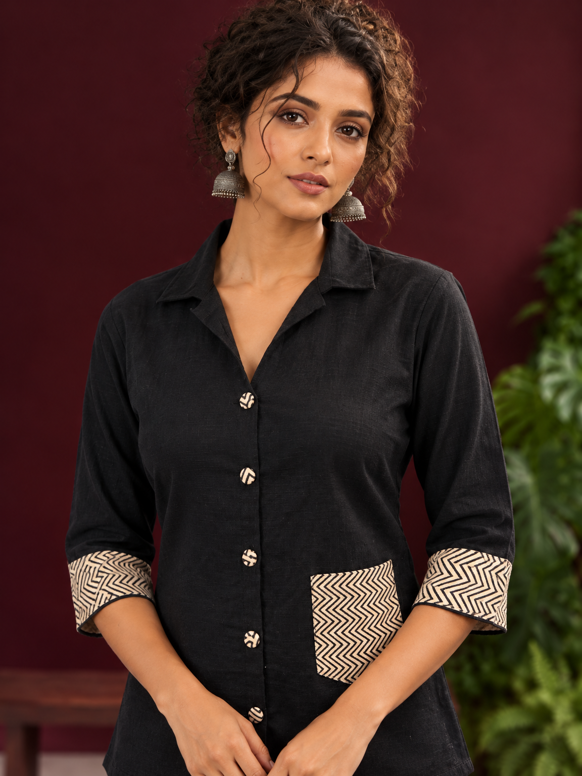 Classic Black Cotton Shirt with Contrast Ajrakh Chevron Print Cuffs & Patch Pocket Detail — fabric detail