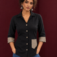 Classic Black Cotton Shirt with Contrast Ajrakh Chevron Print Cuffs & Patch Pocket Detail — styled view