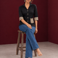 Classic Black Cotton Shirt with Contrast Ajrakh Chevron Print Cuffs & Patch Pocket Detail — seated
