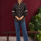 Classic Black Cotton Shirt with Ajrakh-Inspired Floral Block Print & Lace Inset Sleeves — front view