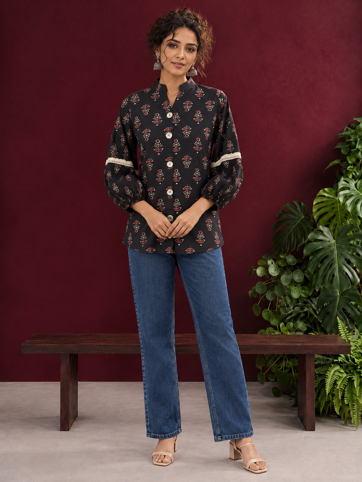 Classic Black Cotton Shirt with Ajrakh-Inspired Floral Block Print & Lace Inset Sleeves — front view