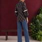 Classic Black Cotton Shirt with Ajrakh-Inspired Floral Block Print & Lace Inset Sleeves — back view