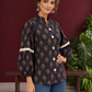 Classic Black Cotton Shirt with Ajrakh-Inspired Floral Block Print & Lace Inset Sleeves — styled view