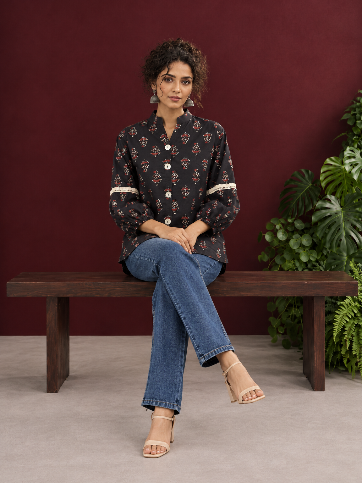 Classic Black Cotton Shirt with Ajrakh-Inspired Floral Block Print & Lace Inset Sleeves — seated