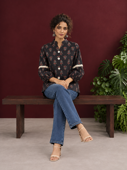 Classic Black Cotton Shirt with Ajrakh-Inspired Floral Block Print & Lace Inset Sleeves — seated