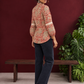 Classic Rust Cotton Shirt with Allover Maroon Print, Mandarin Collar & Lace Trim Sleeves — back view