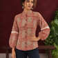 Classic Rust Cotton Shirt with Allover Maroon Print, Mandarin Collar & Lace Trim Sleeves — fabric detail