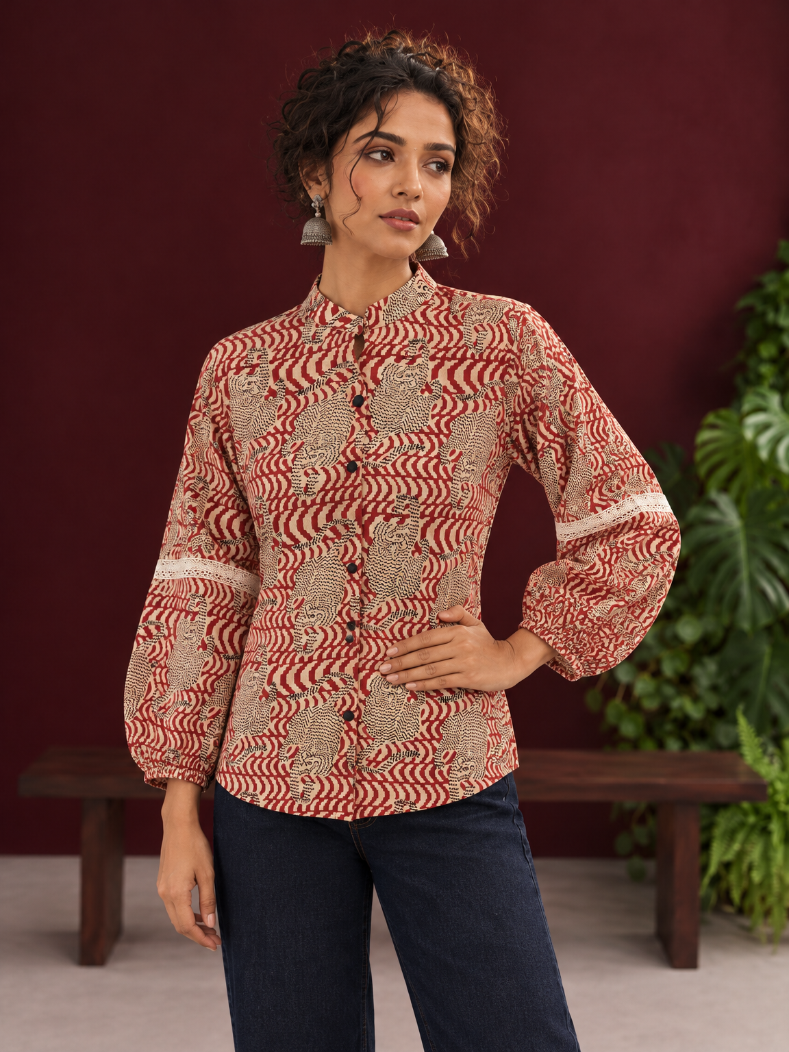 Classic Rust Cotton Shirt with Allover Maroon Print, Mandarin Collar & Lace Trim Sleeves — fabric detail