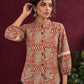 Classic Rust Cotton Shirt with Allover Maroon Print, Mandarin Collar & Lace Trim Sleeves — styled view