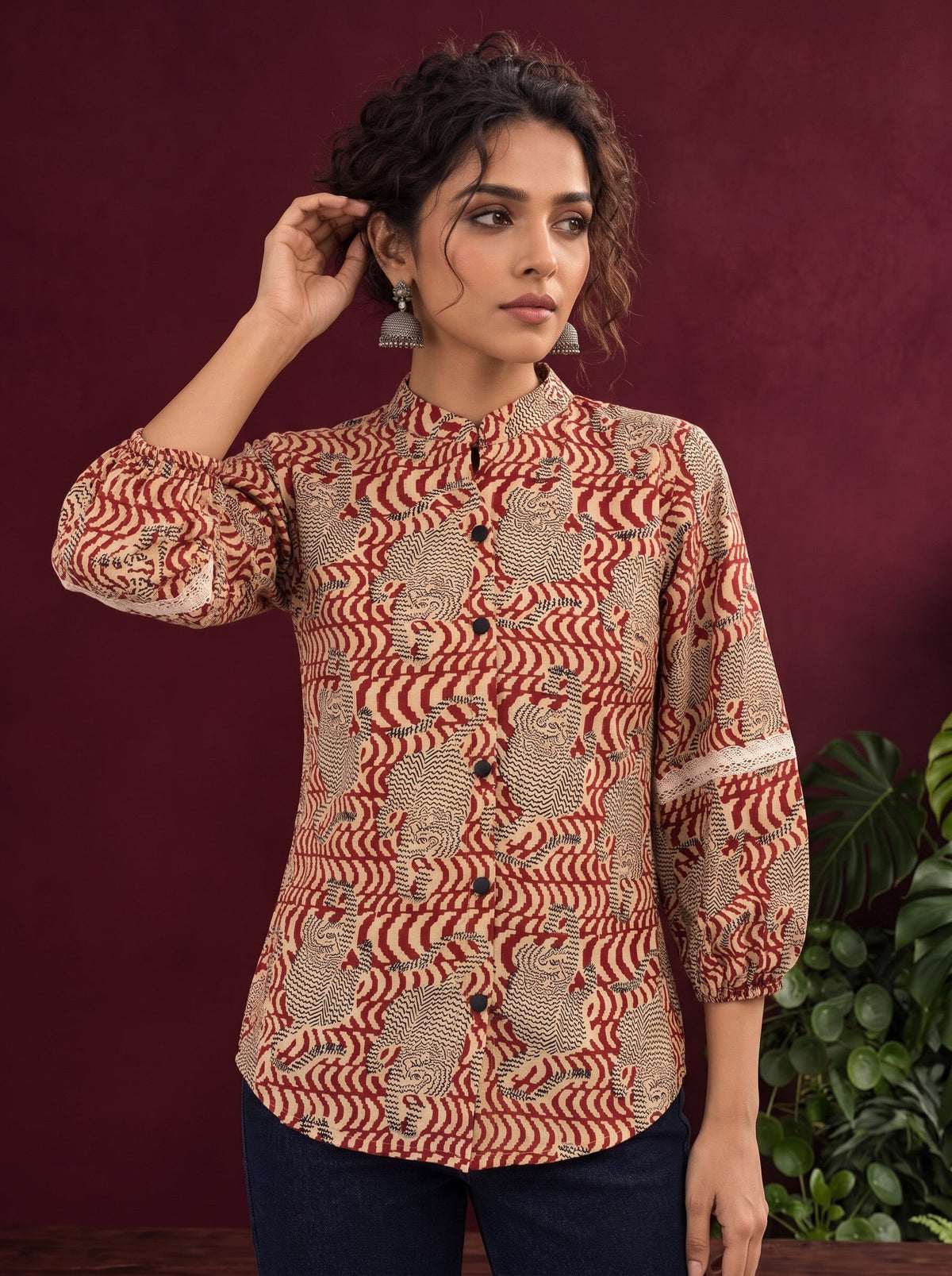 Classic Rust Cotton Shirt with Allover Maroon Print, Mandarin Collar & Lace Trim Sleeves — styled view