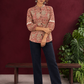 Classic Rust Cotton Shirt with Allover Maroon Print, Mandarin Collar & Lace Trim Sleeves — front view