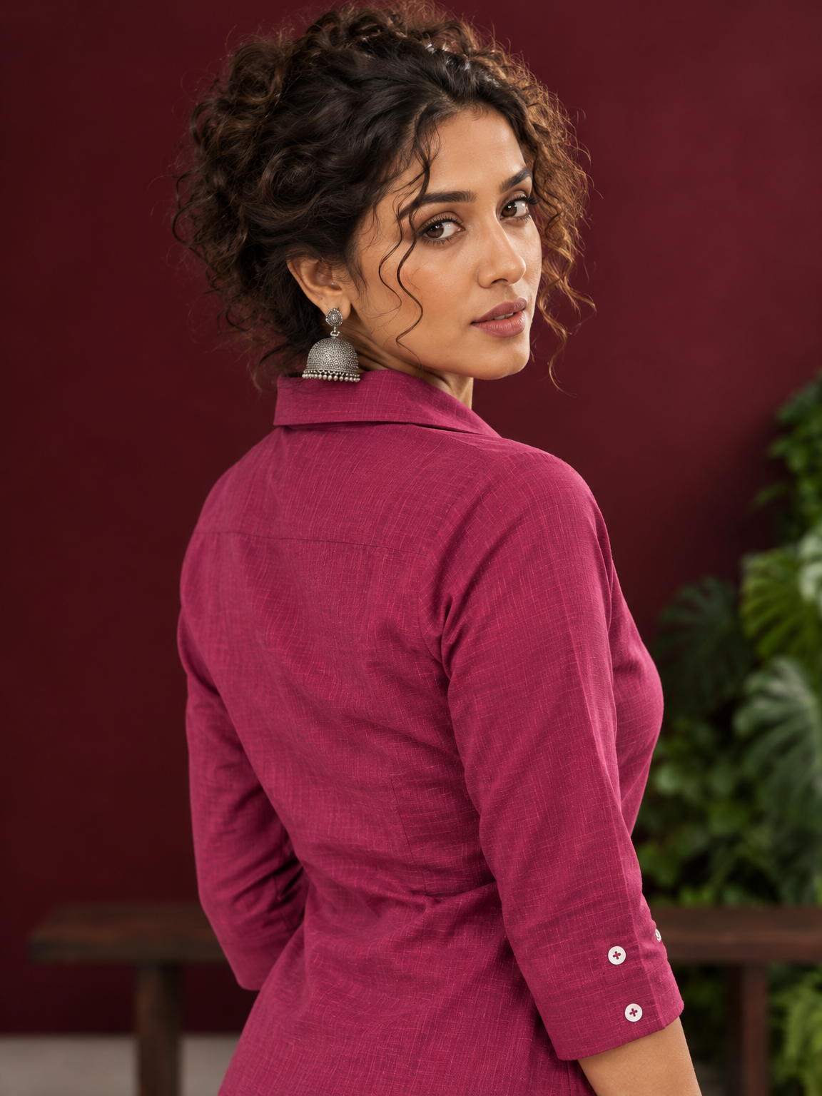 Classic Magenta Solid Cotton Shirt with Collar and Three-Quarter Sleeves — fabric detail