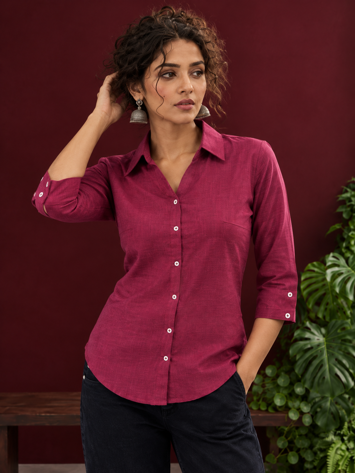 Classic Magenta Solid Cotton Shirt with Collar and Three-Quarter Sleeves — styled view