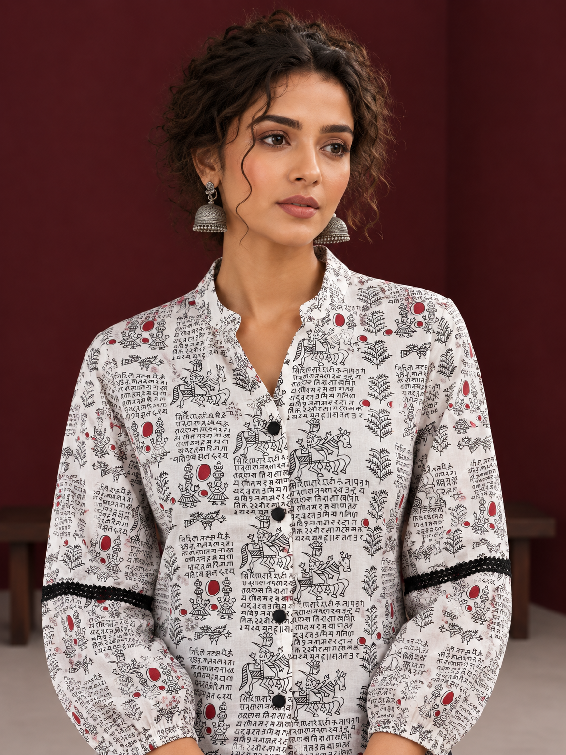 White Cotton Shirt with Warli Print, Mandarin Collar & Crochet Trimmed Full Sleeves — fabric detail