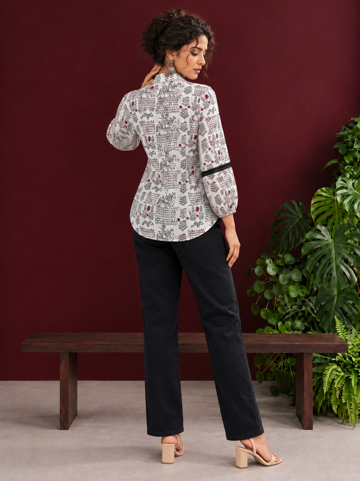 White Cotton Shirt with Warli Print, Mandarin Collar & Crochet Trimmed Full Sleeves — back view