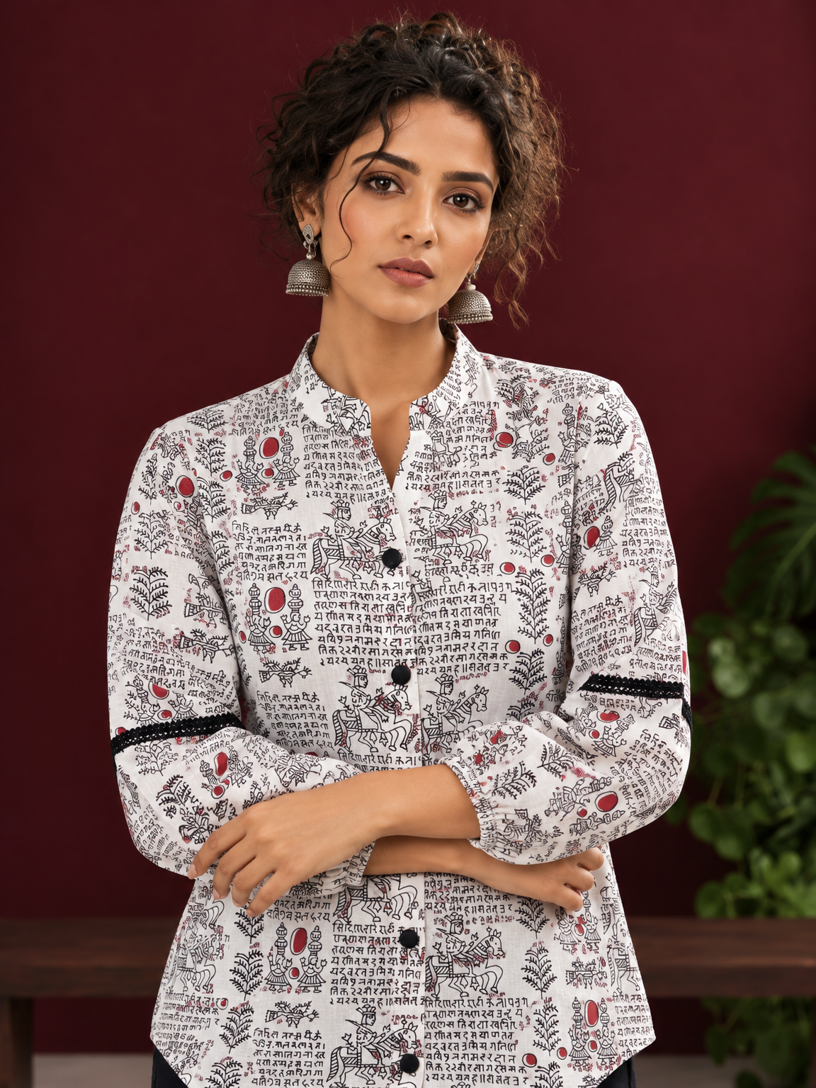 White Cotton Shirt with Warli Print, Mandarin Collar & Crochet Trimmed Full Sleeves — styled view