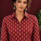 Classic Maroon Cotton Shirt with Ajrakh Print & Contrast Black Lace Trim Cuffs — fabric detail