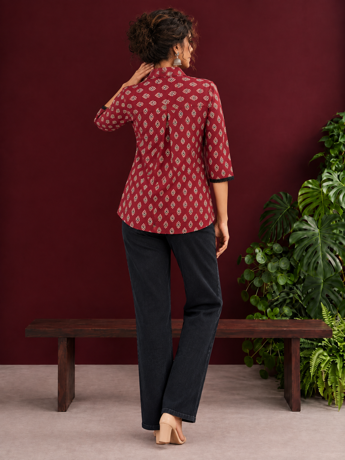 Classic Maroon Cotton Shirt with Ajrakh Print & Contrast Black Lace Trim Cuffs — back view