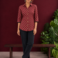 Classic Maroon Cotton Shirt with Ajrakh Print & Contrast Black Lace Trim Cuffs — front view
