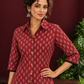 Classic Maroon Cotton Shirt with Ajrakh Print & Contrast Black Lace Trim Cuffs — styled view