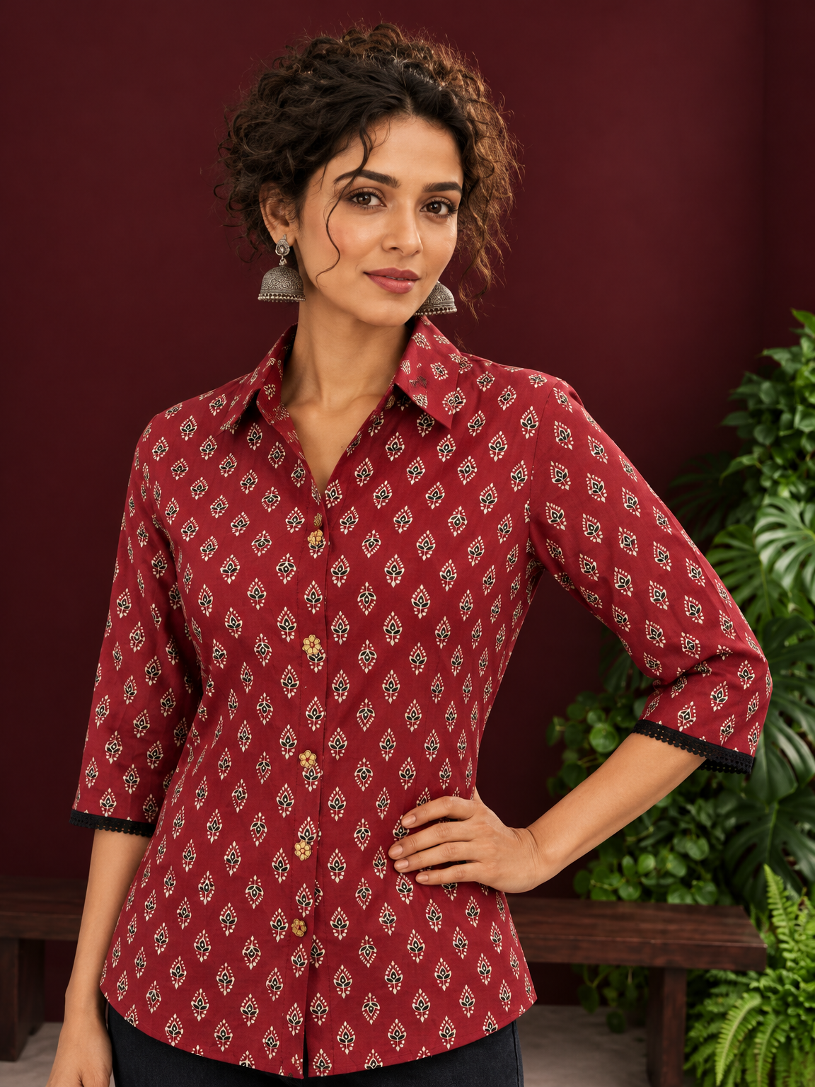 Classic Maroon Cotton Shirt with Ajrakh Print & Contrast Black Lace Trim Cuffs — styled view