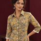 Light Yellow Cotton Shirt with Floral Print & White Crochet Lace Sleeve Trim — styled view