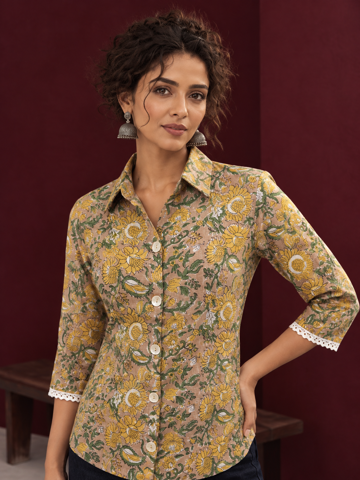 Light Yellow Cotton Shirt with Floral Print & White Crochet Lace Sleeve Trim — styled view