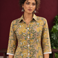 Light Yellow Cotton Shirt with Floral Print & White Crochet Lace Sleeve Trim — fabric detail